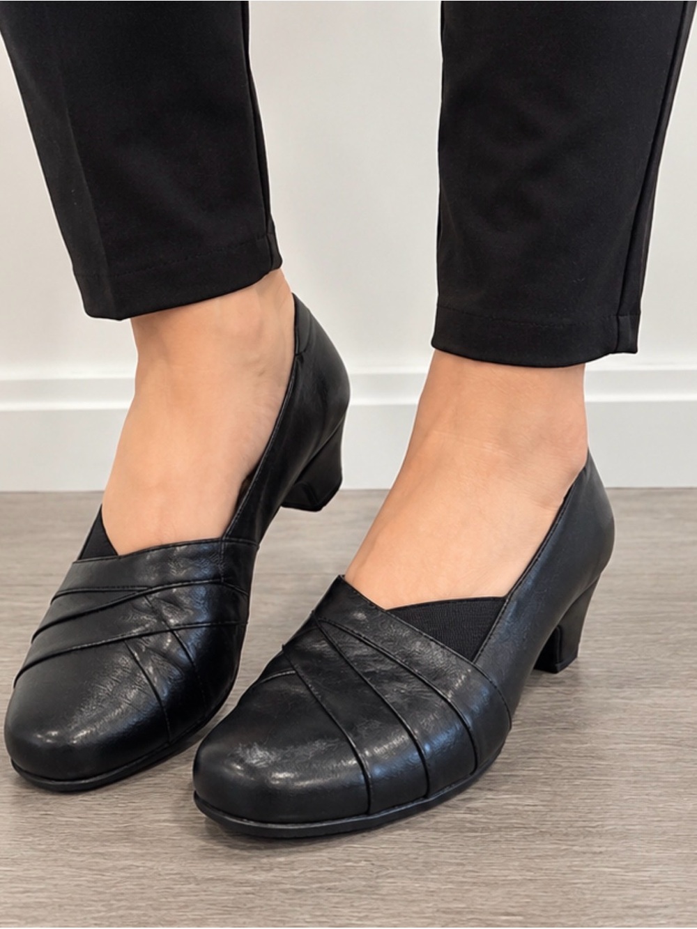Clarks Black Leather Low Block Heel Slip-On Pumps